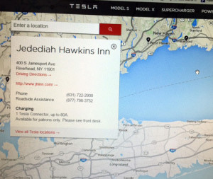 Tesla map of charging stations, showing Jedediah Hawkins Inn