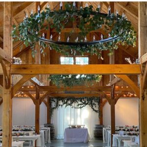 Wood ceiling and chandeliers at the Barn at Jedediah Hawkins Inn